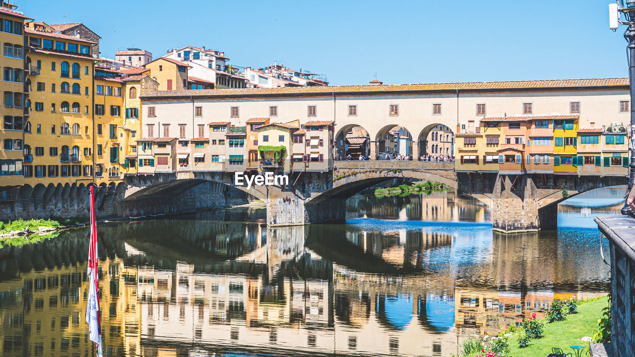 BRIDGE OVER RIVER BY BUILDINGS AGAINST SKY