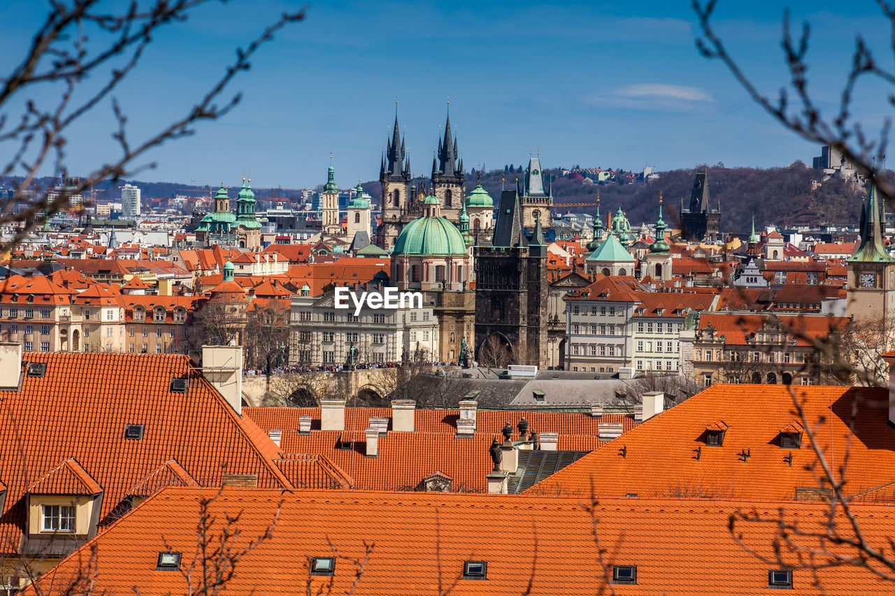 Charles bridge and prague city old town seen from petrin hill in a beautiful early spring day
