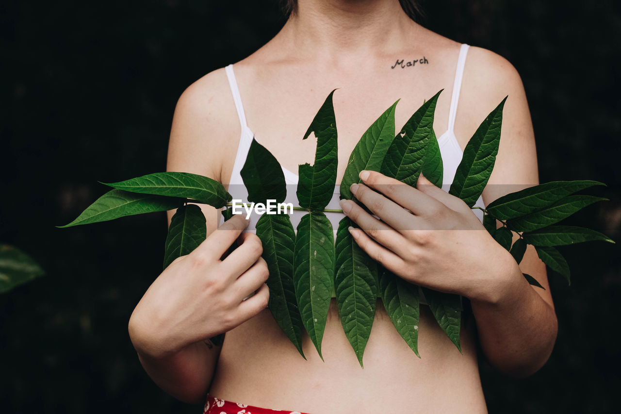 Midsection of woman holding leaves in forest