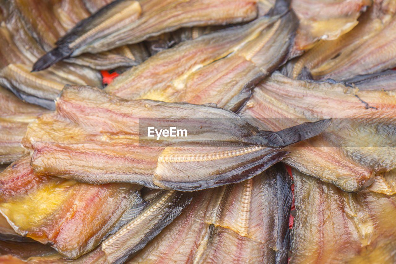 HIGH ANGLE VIEW OF FISH FOR SALE IN MARKET