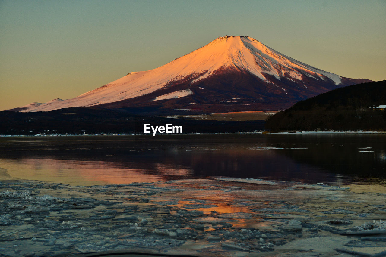 Scenic view of lake by snowcapped mountain against sky