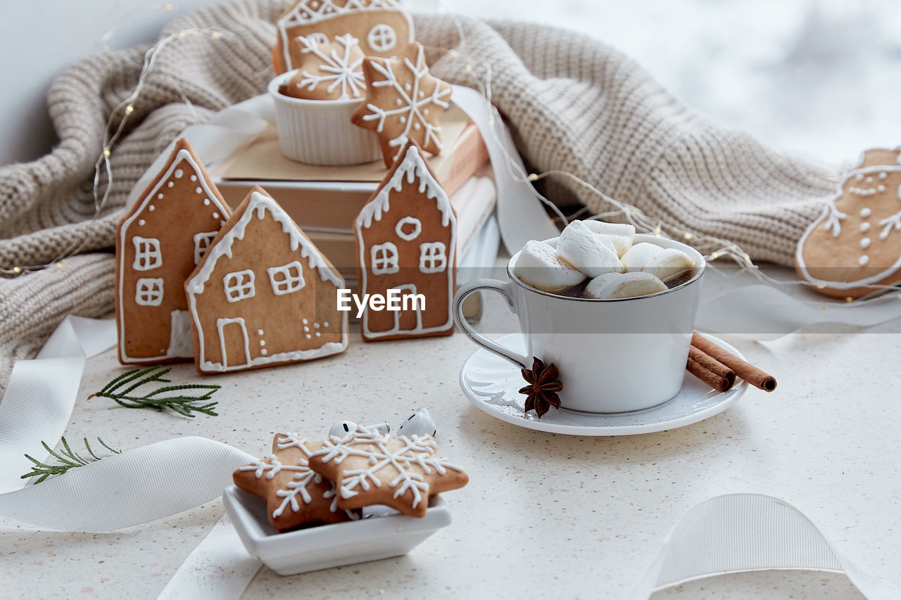 Warm marshmallows cocoa with homemade ginger cookies in shape of cute homes and snowflakes. 