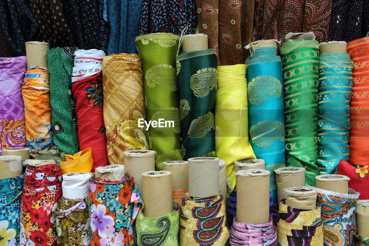 Full frame shot of various fabrics for sale at stall