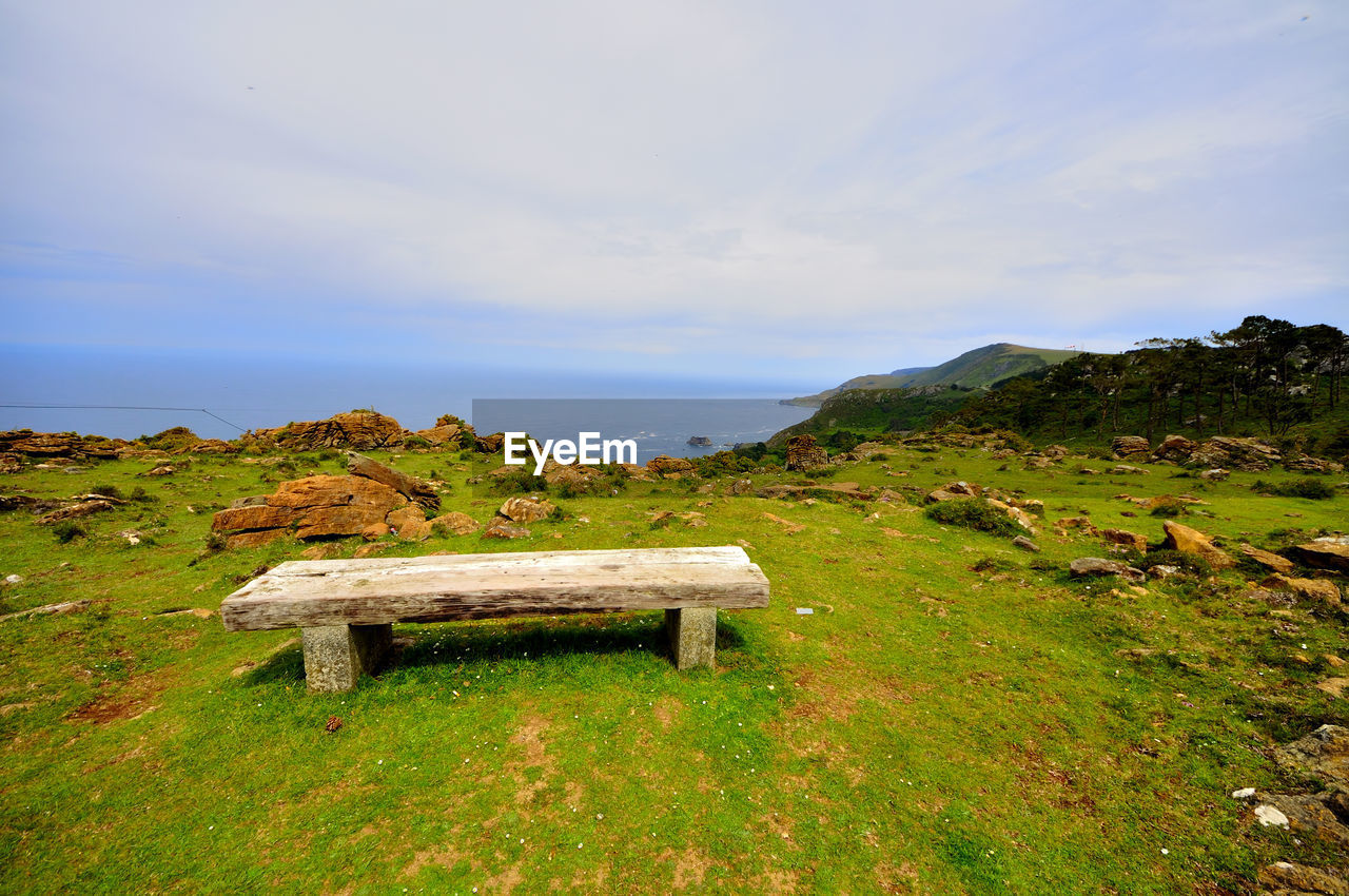 Scenic view of landscape by sea against sky