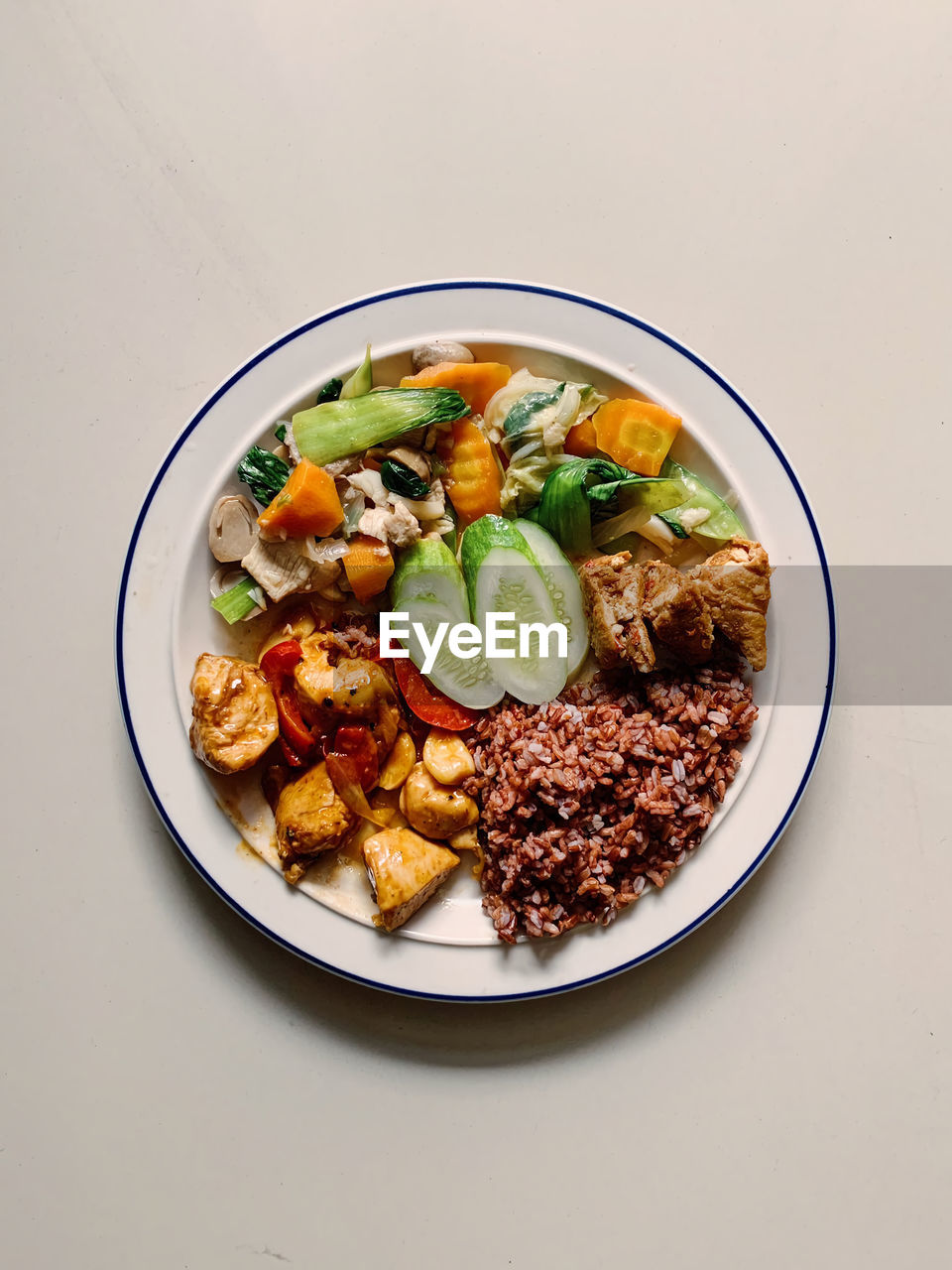 High angle view of food served on table