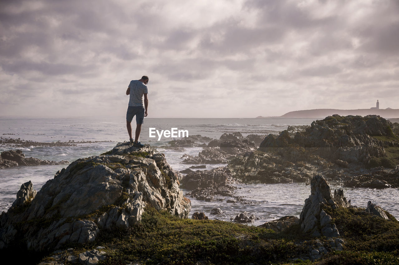 Rear view of man standing on beach against sky