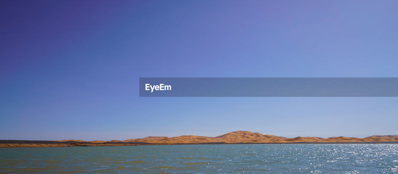 Scenic view of sea against clear blue sky