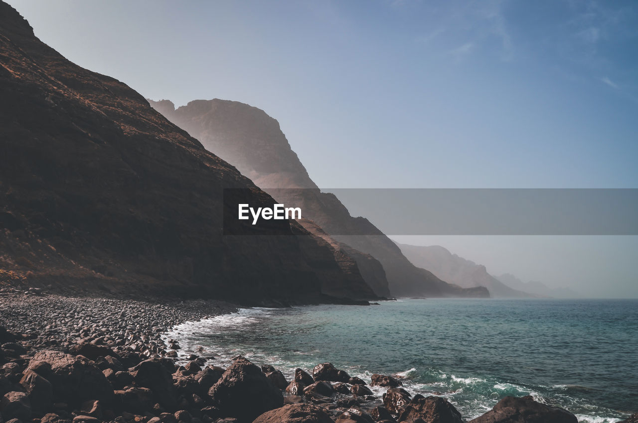 Scenic view of sea and mountains against sky