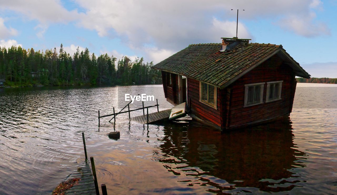 BUILT STRUCTURE ON LAKE AGAINST SKY