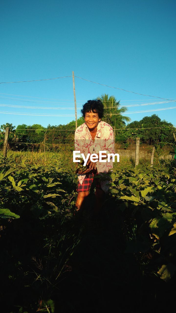 Smiling farmer harvesting eggplants on field against clear sky