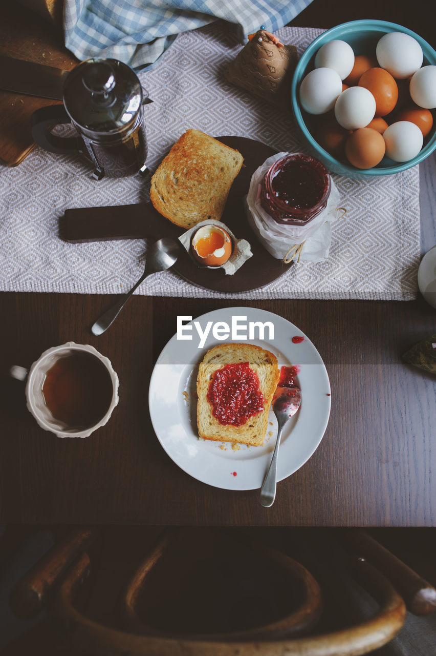 High angle view of breakfast on table