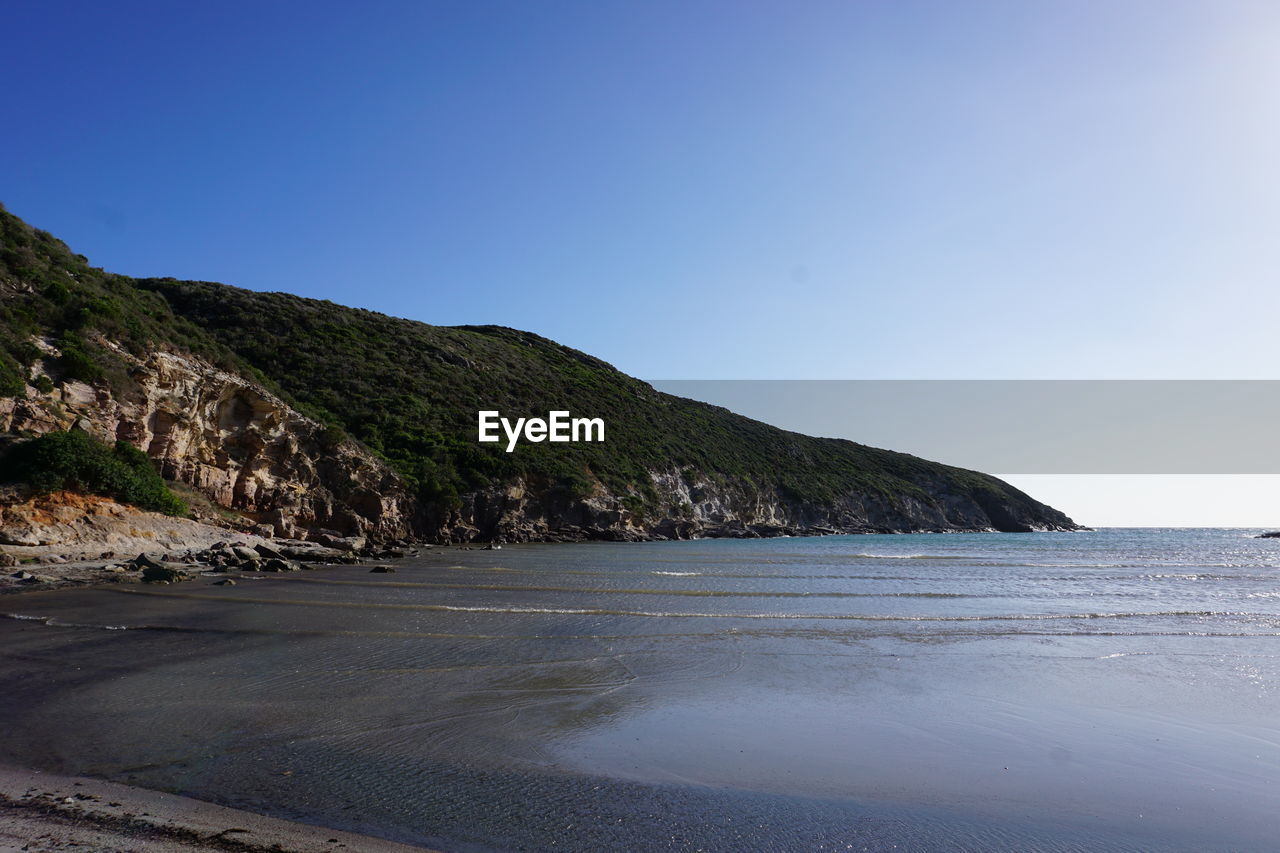 Scenic view of sea against clear blue sky