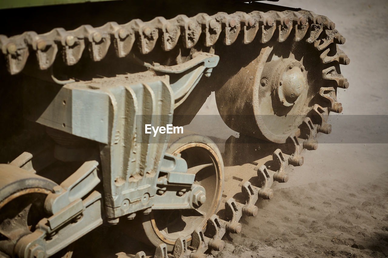 Close-up of caterpillar track of armored tank