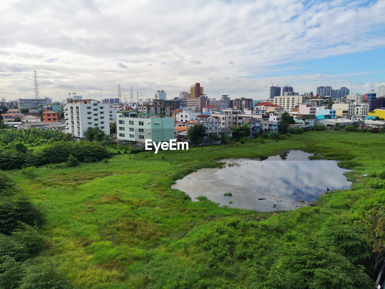 High angle view of buildings against sky