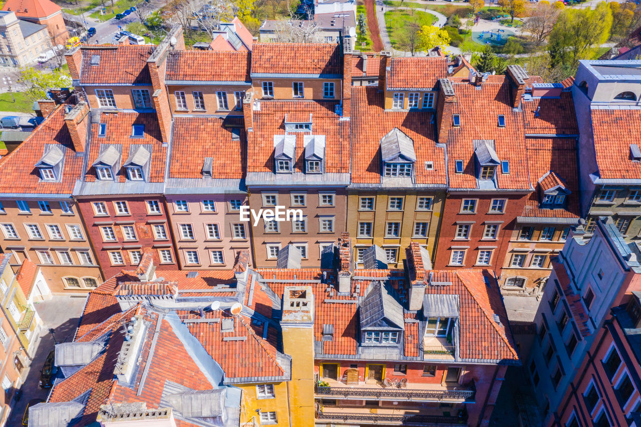 Panorama of traditional polish homes in warsaw old town. poland. aerial view