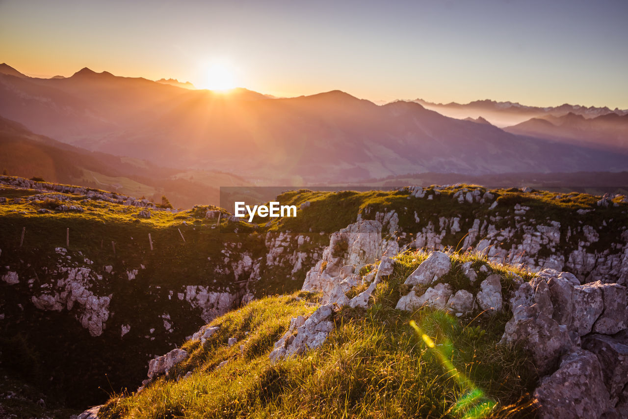 Scenic view of mountains during sunset