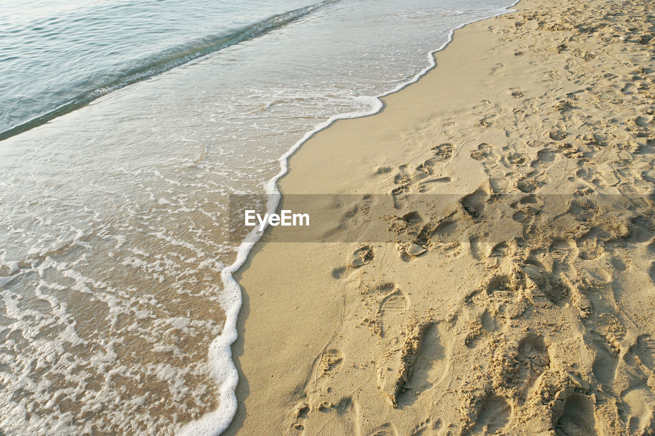 HIGH ANGLE VIEW OF SURF ON BEACH