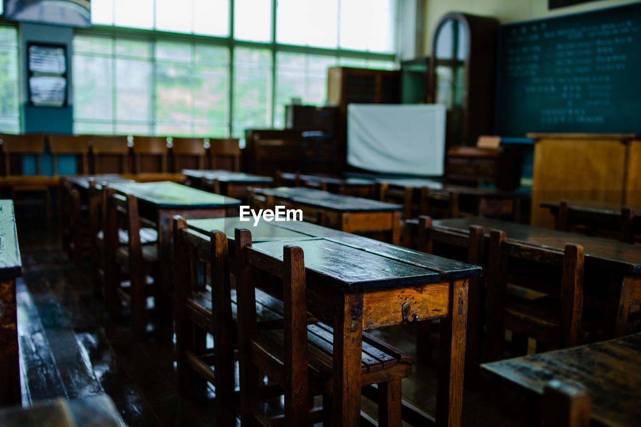 Empty chairs and tables in classroom