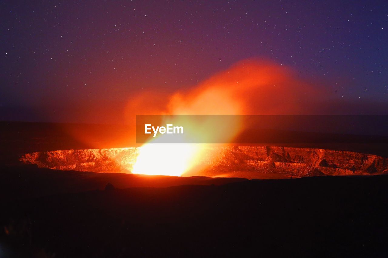 Active volcanic crater at night in hawaii volcanoes national park