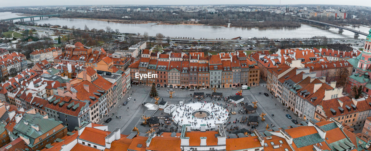 Aerial view of the christmas tree near castle square with column of sigismund