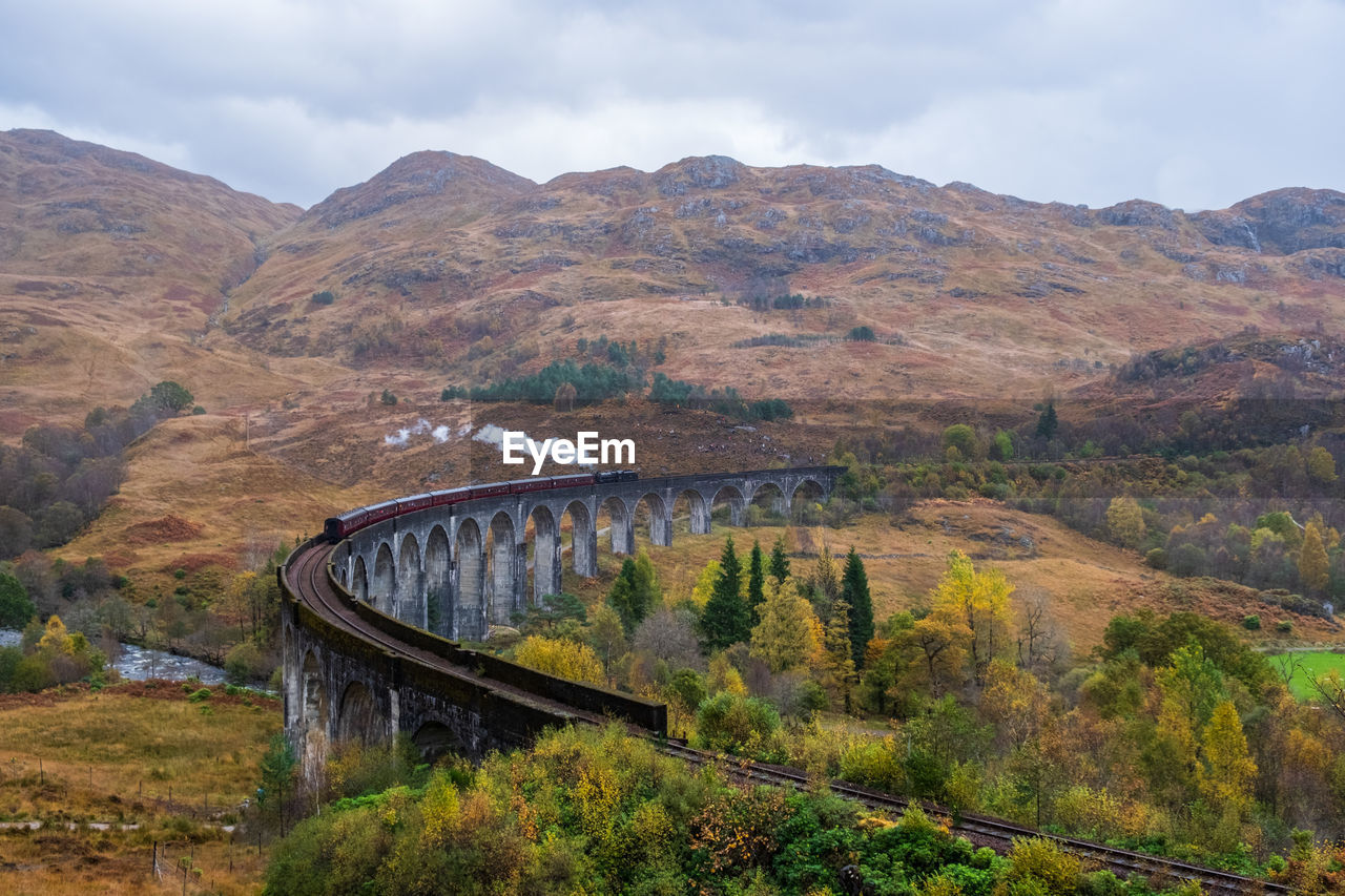 Steam train on a bridge over mountain