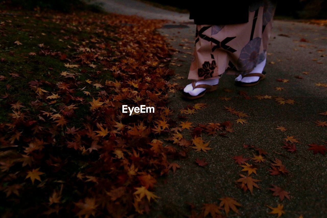 LOW SECTION OF WOMAN STANDING WITH AUTUMN LEAVES