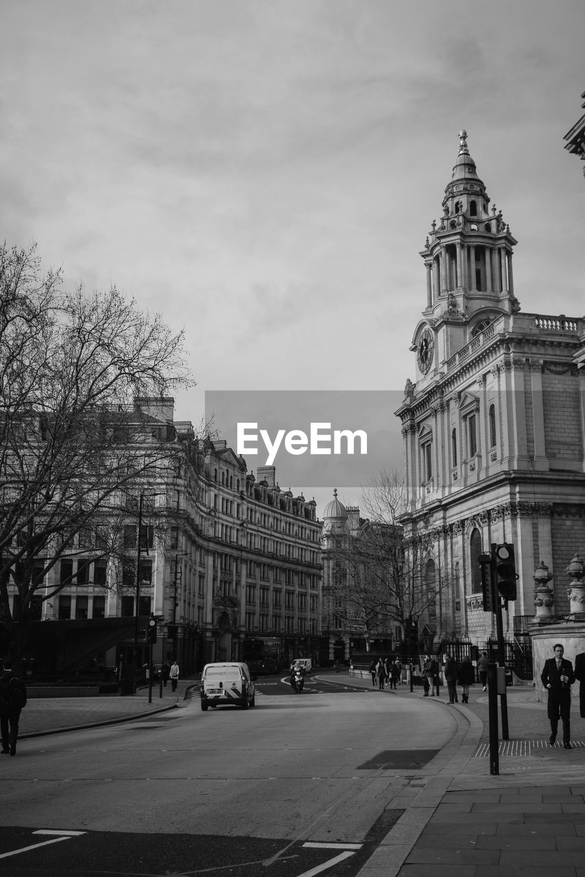 Street level black and white view up ludgate hill showing st paul's cathedral