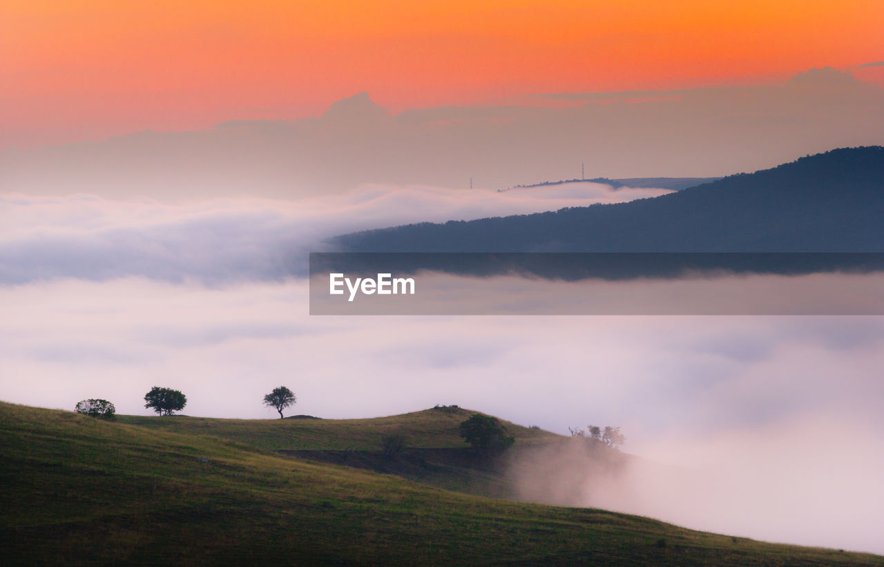 Scenic view of field against sky during sunset