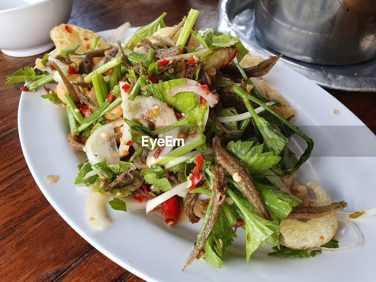 High angle view of salad in plate on table