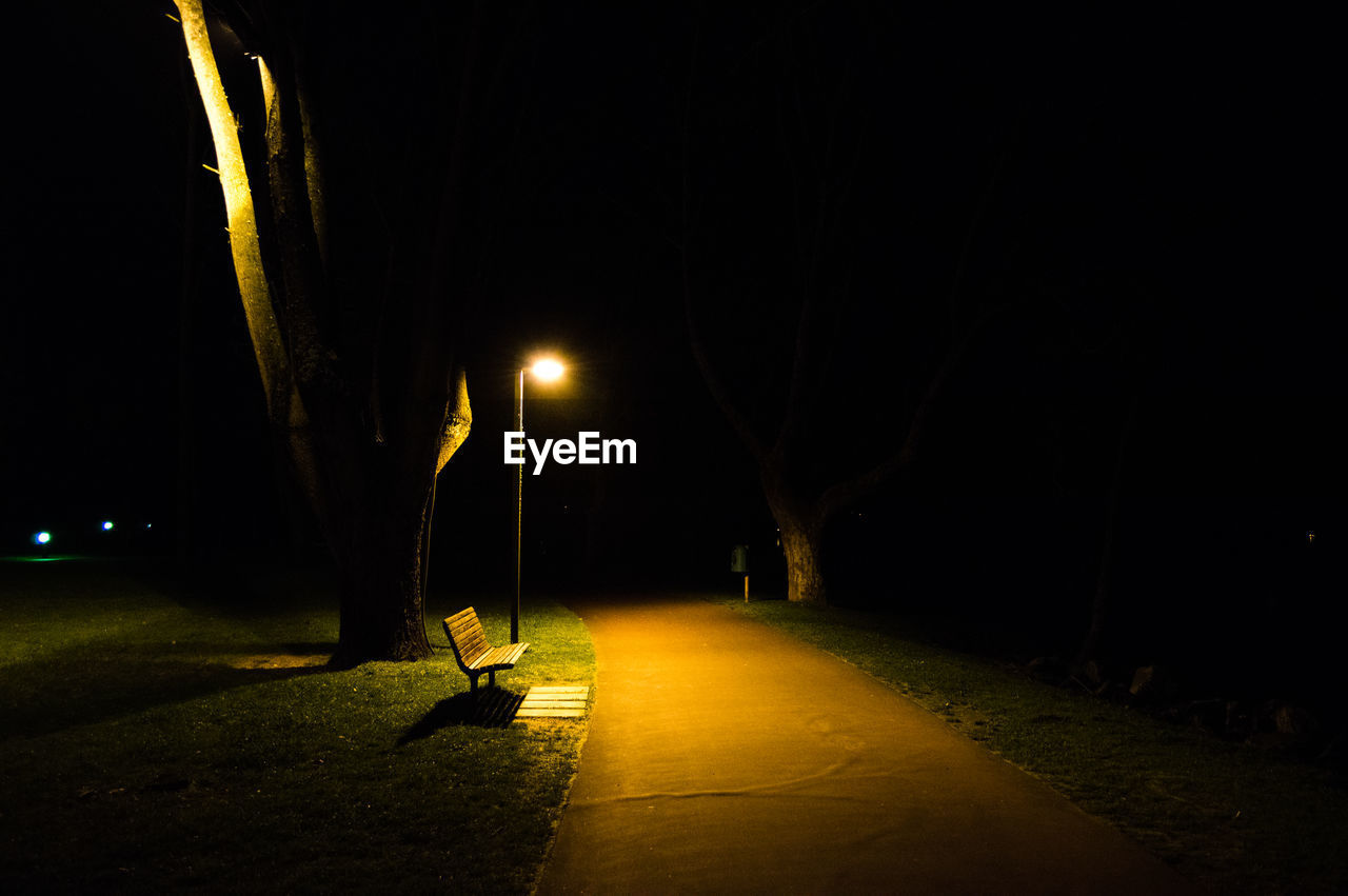 Illuminated street light by footpath in park
