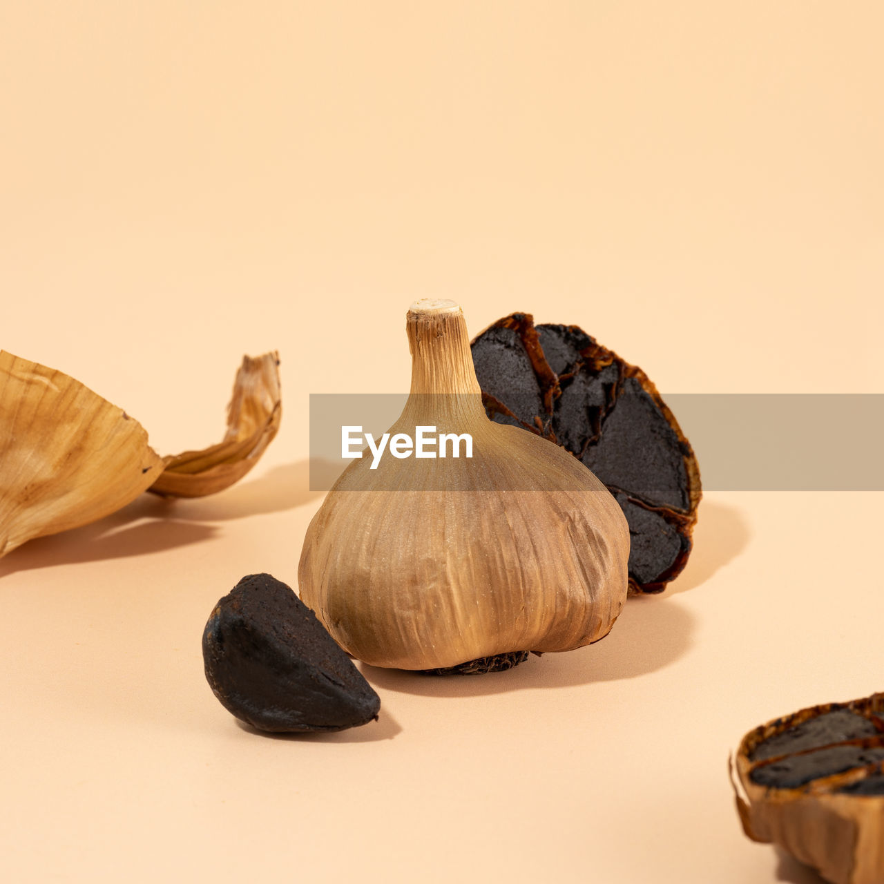 Black garlic cloves, bulbs. healthy nutrition, vegetarian food, fermented food, self-care