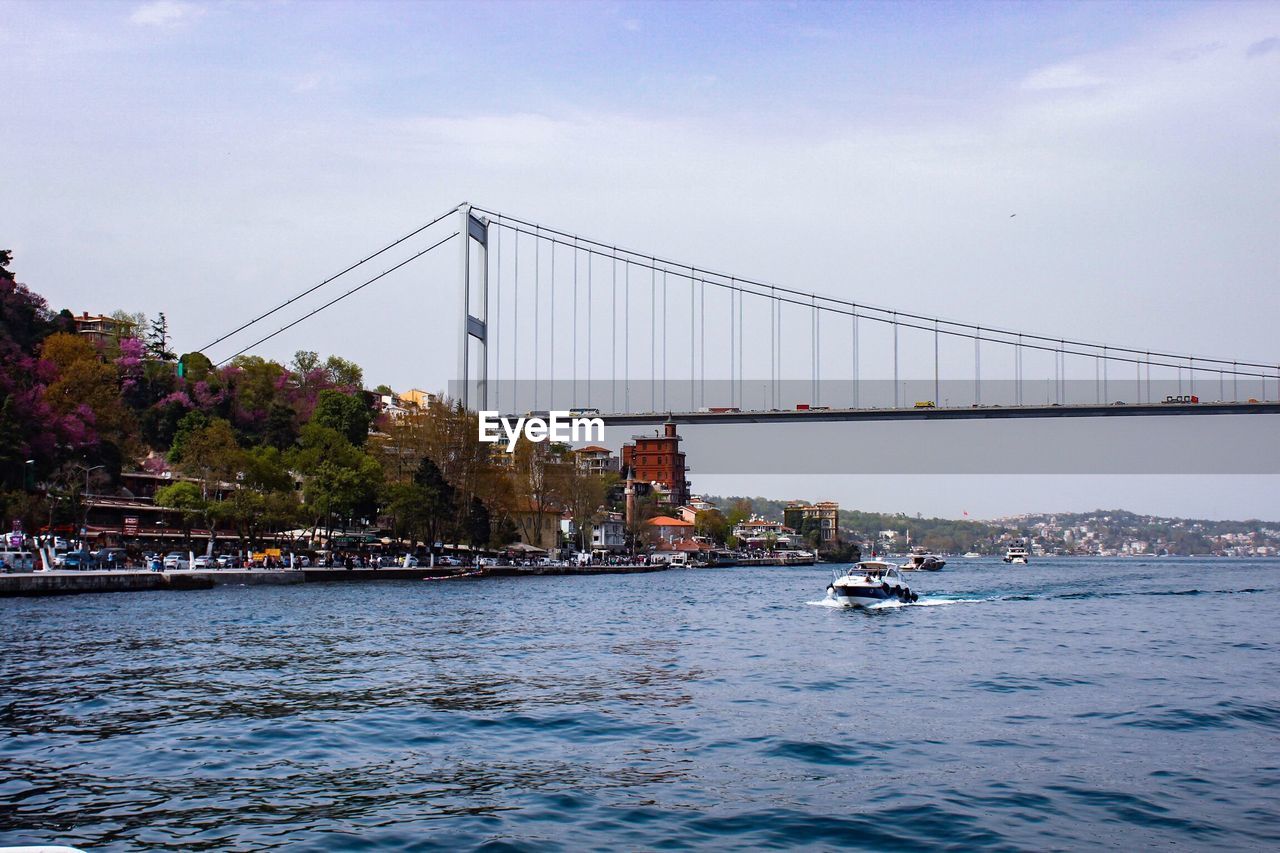 View of suspension bridge over river