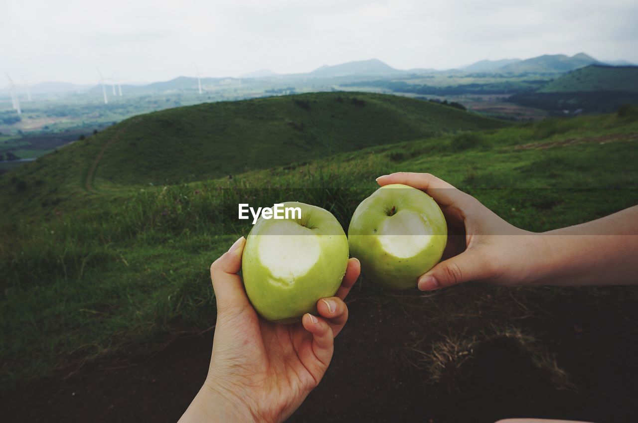 Cropped image of hands holding granny smith apples on field against sky