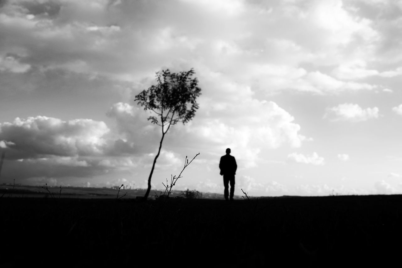 Silhouette man standing on land against sky