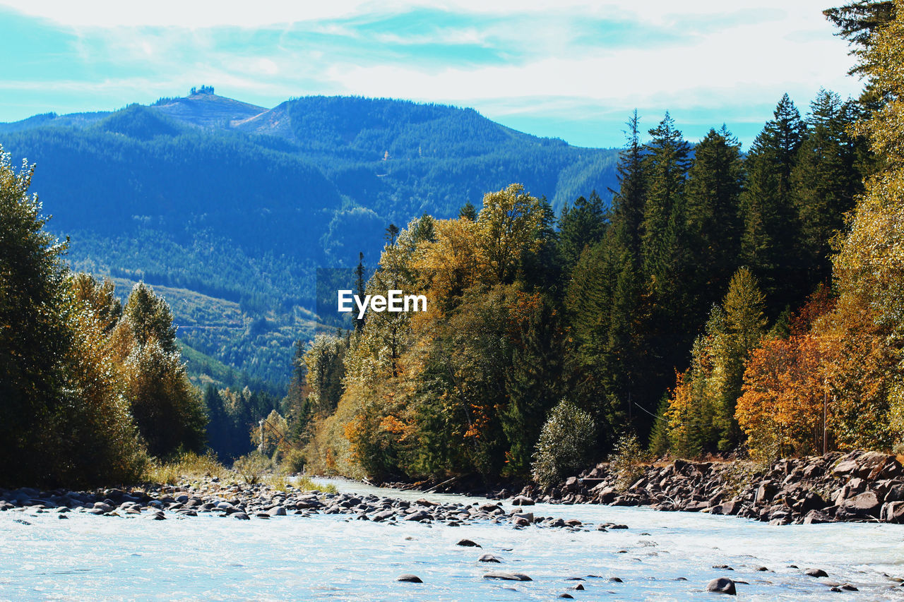 Scenic view of river by mountains against sky