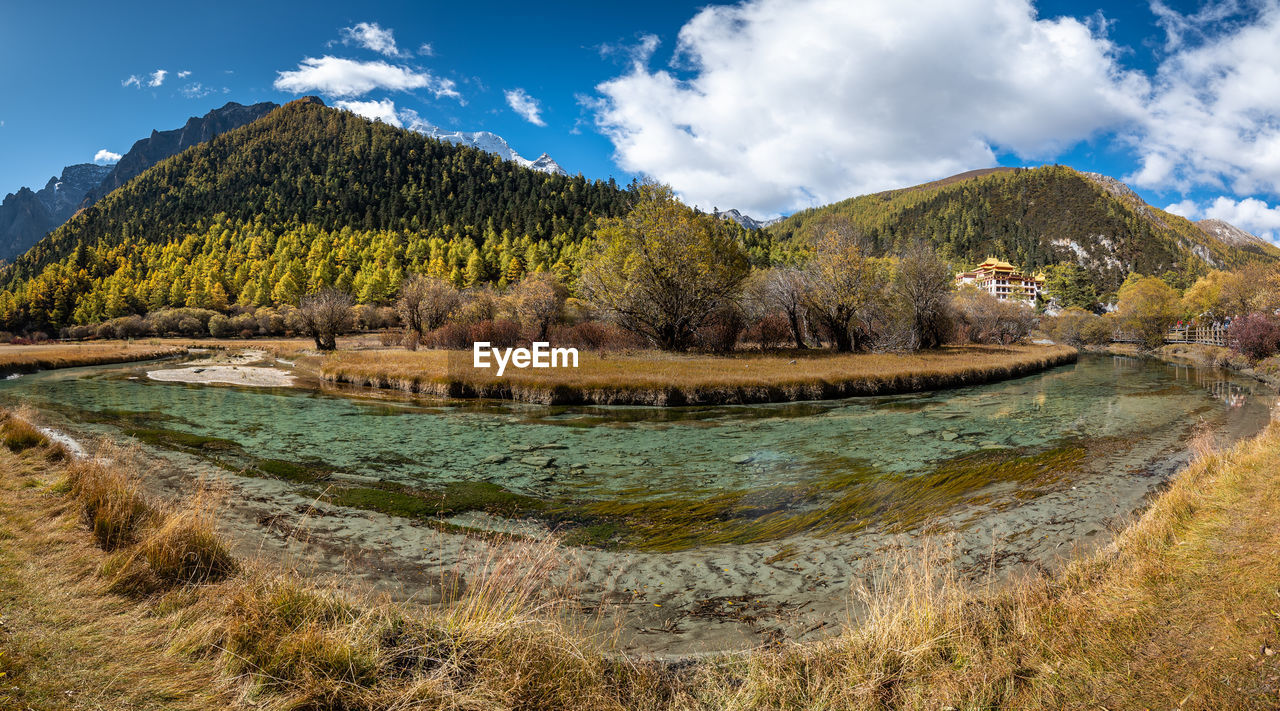 PANORAMIC VIEW OF LAKE AND TREES AGAINST SKY