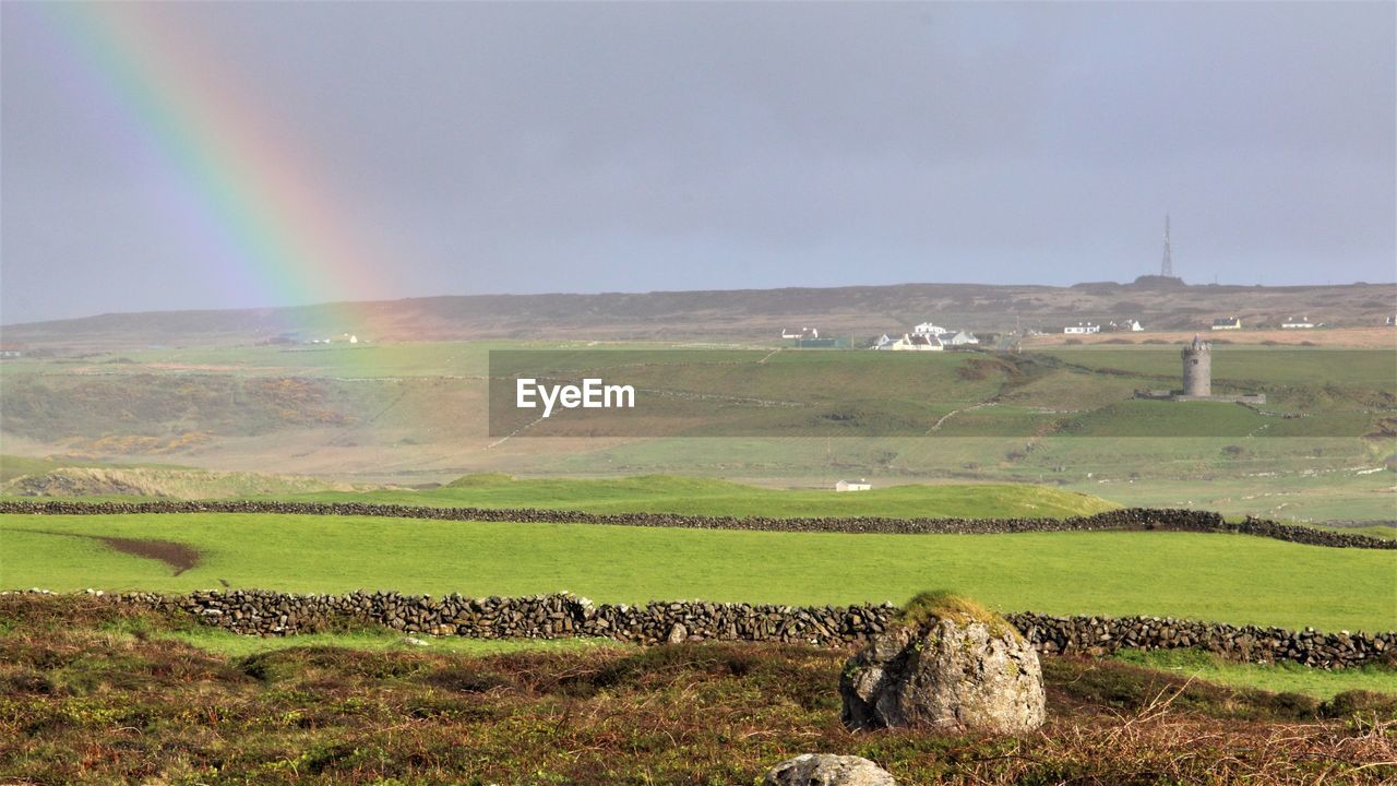 Scenic view of field against rainbow in sky