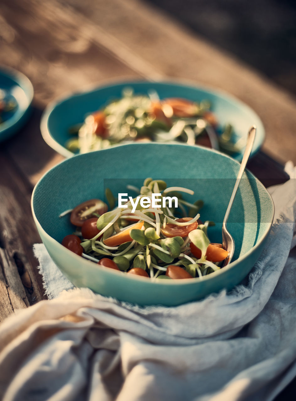 High angle view of food in bowl on table