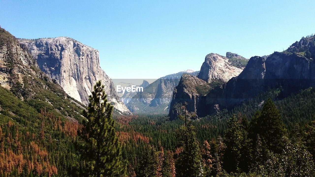 PANORAMIC SHOT OF MOUNTAIN RANGE AGAINST CLEAR SKY