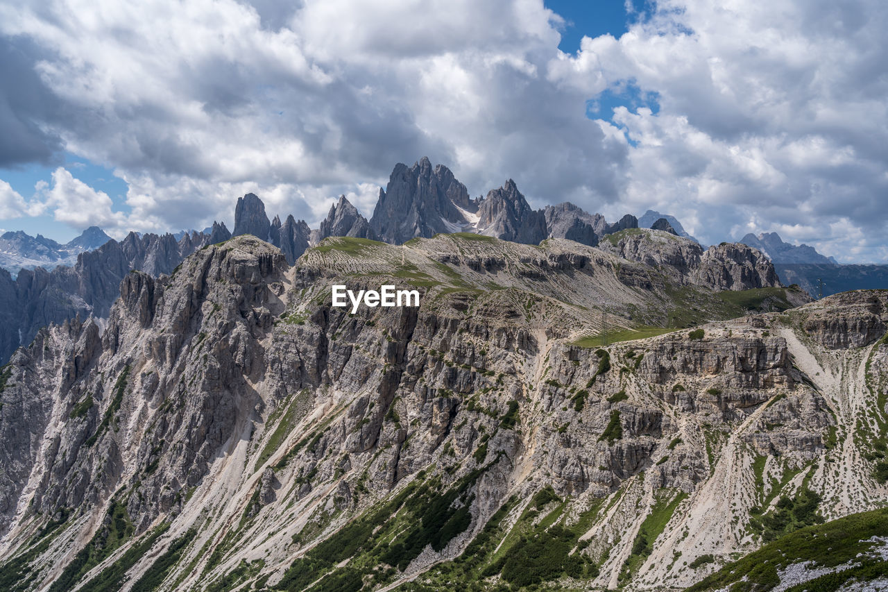 Scenic view of rocky mountains against cloudy sky