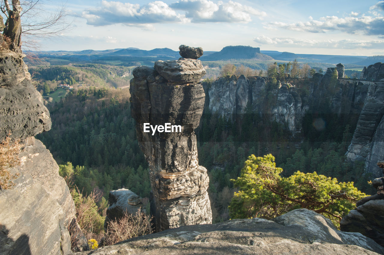 Scenic view of rocks and mountains against sky