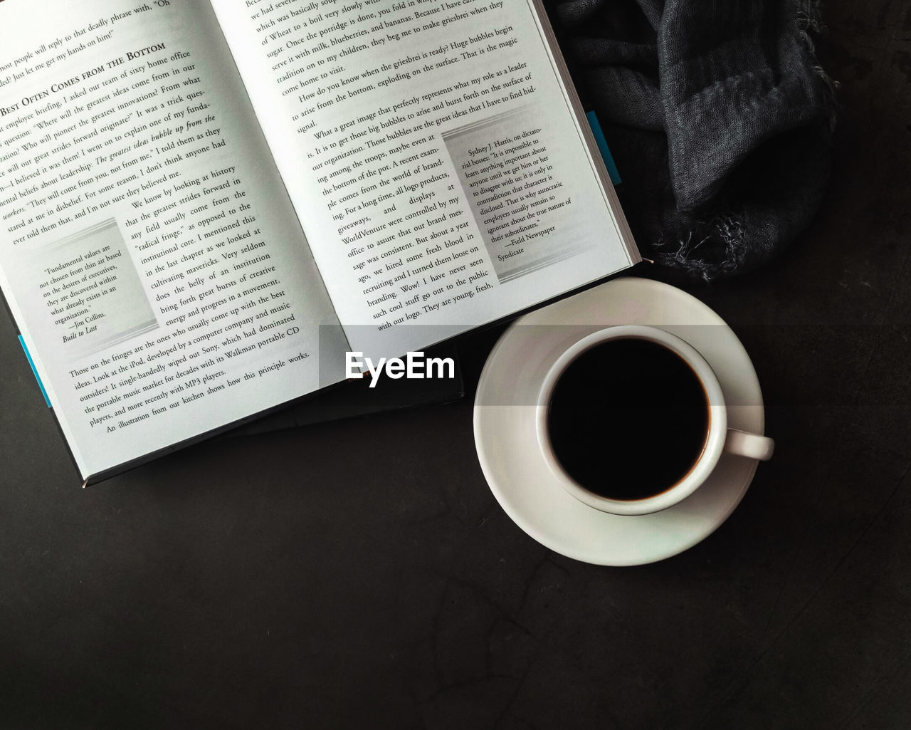 HIGH ANGLE VIEW OF COFFEE WITH TEXT ON BOOK