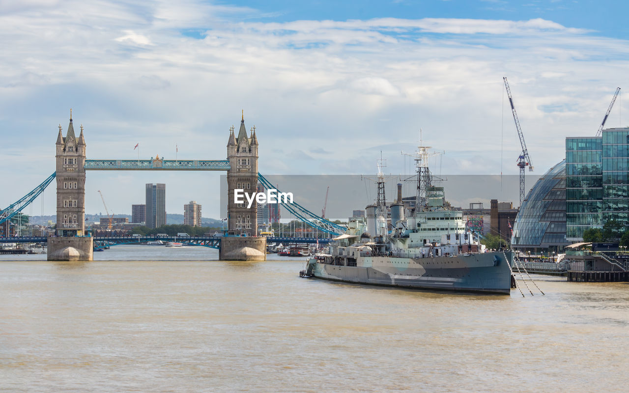 London bridge and hm belfast viewed on the river thames