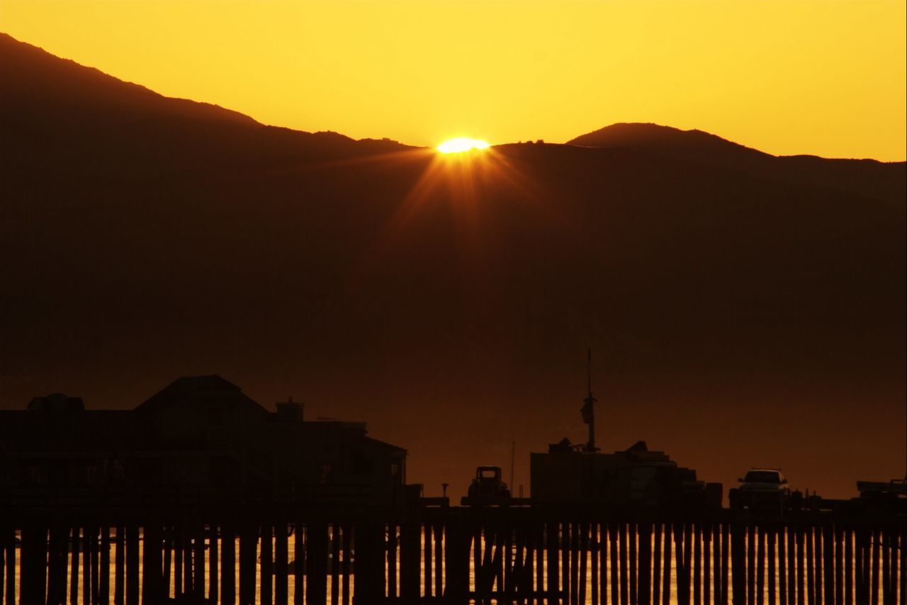 SILHOUETTE OF BUILDINGS AGAINST SUNSET SKY