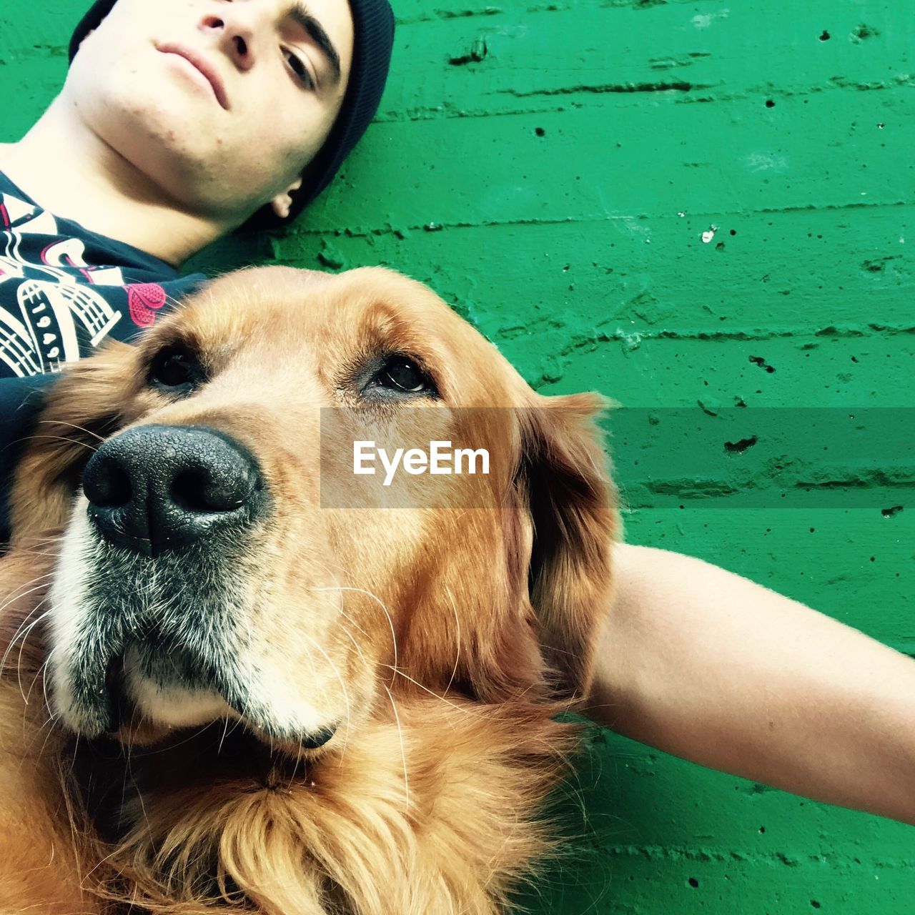 Low angle portrait of young man with golden retriever by green wall