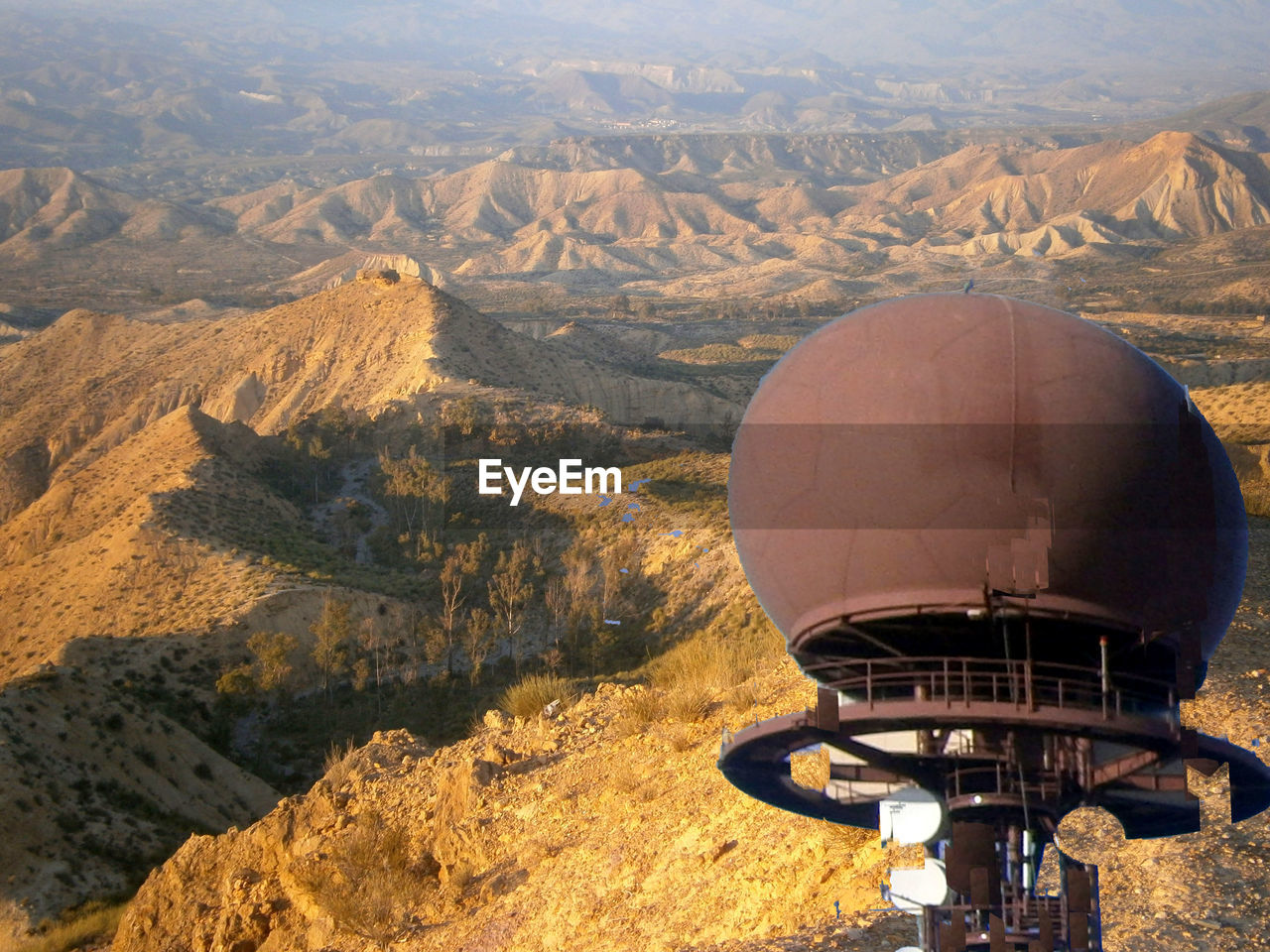 High angle view of communication tower against landscape