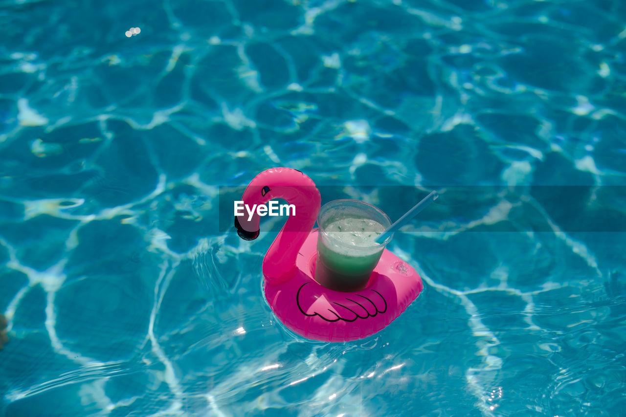 High angle view of toy floating on swimming pool