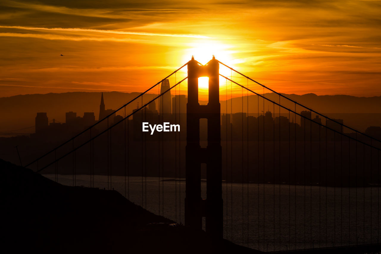 SILHOUETTE OF SUSPENSION BRIDGE IN CITY