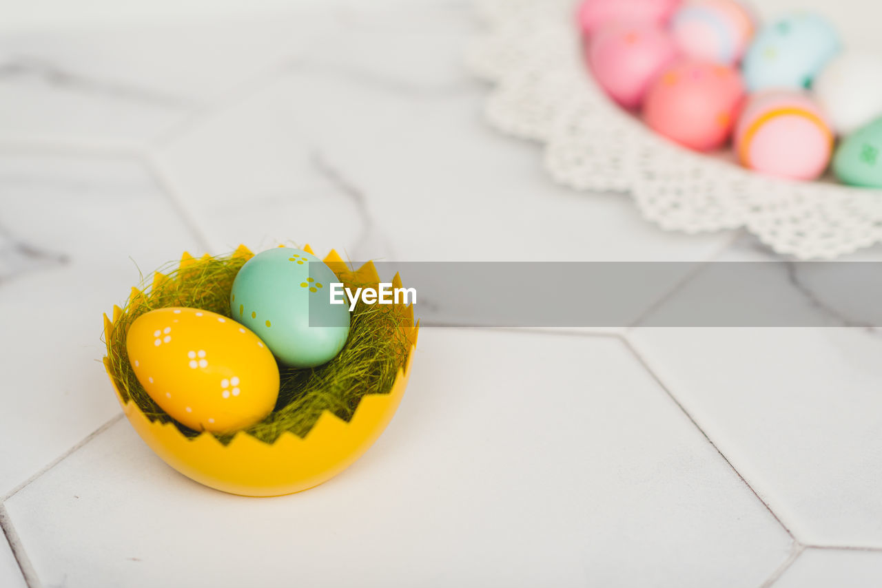 Close-up of easter eggs in bowl