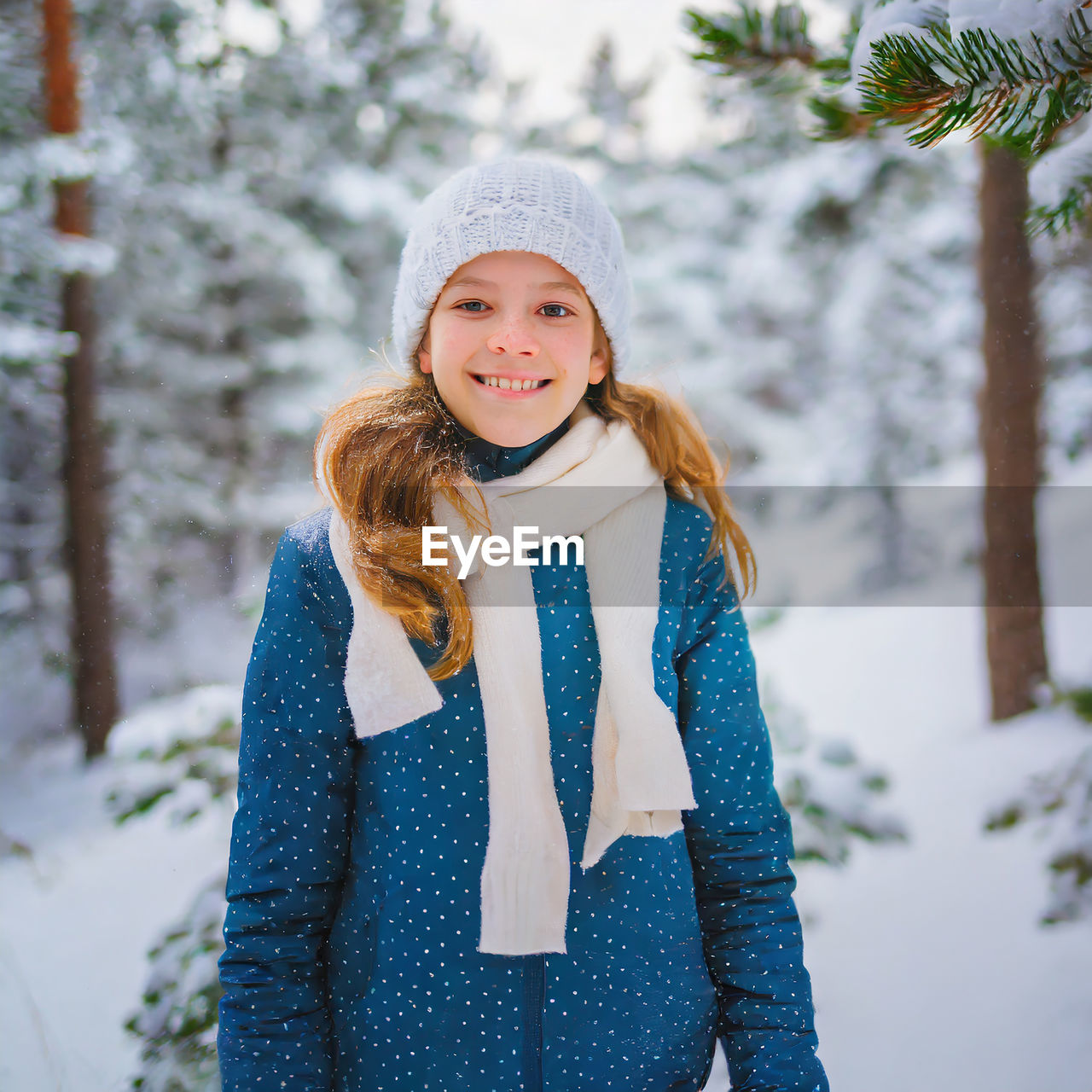 The joy of the winter. portrait of smiling young girl standing against trees during winter.